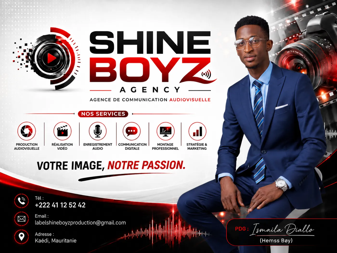 Visuel SHINE BOYZ AGENCY présentant les services de l'agence audiovisuelle
