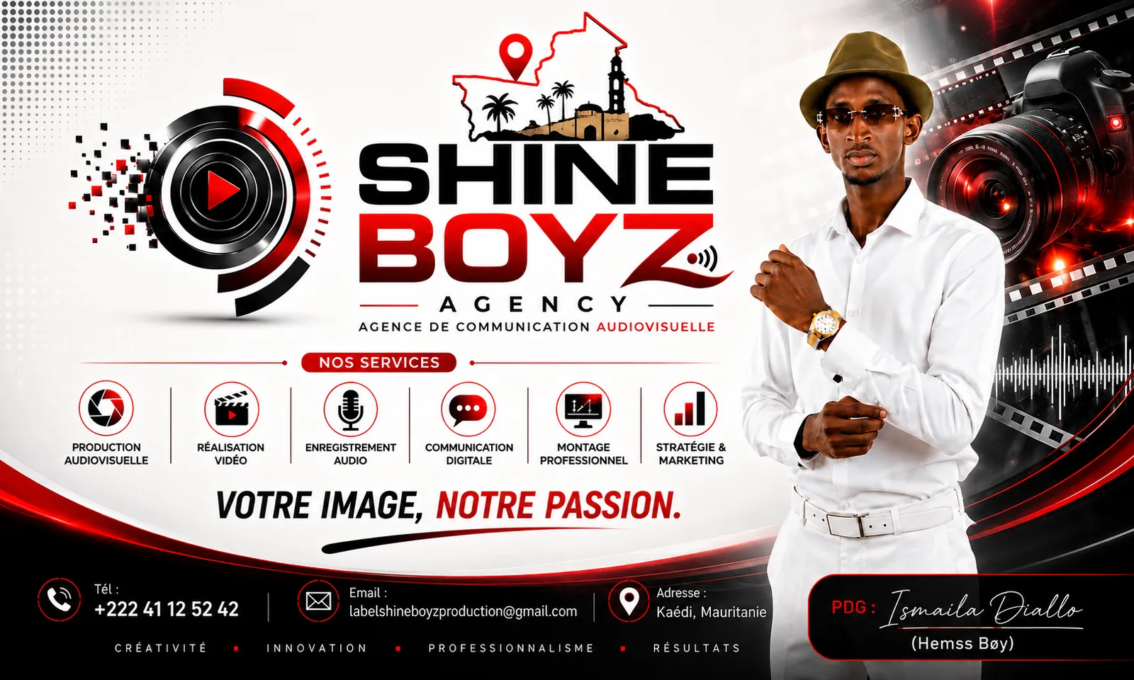Bâche grand format SHINE BOYZ AGENCY présentant les services de l'agence