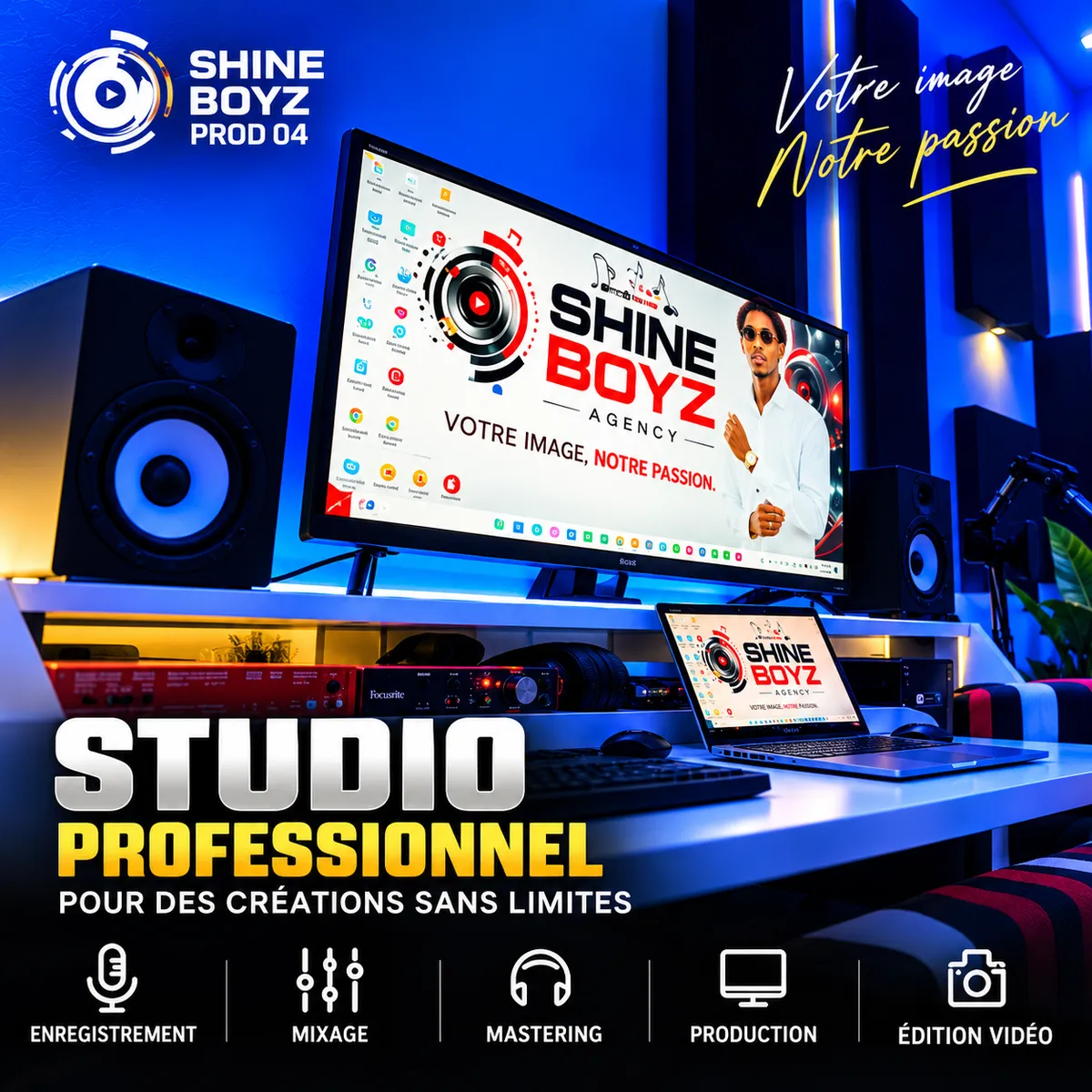 Affiche du studio professionnel SHINE BOYZ PROD 04 sous néons bleus